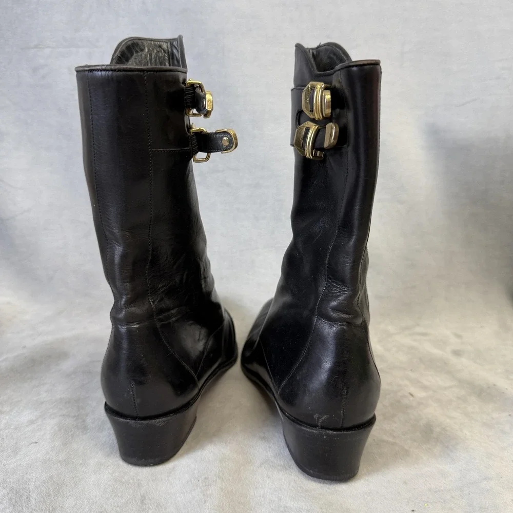 Via Spiga Boots Womens Size 7.5 Black Leather Lace Up Mid Calf Riding Italy